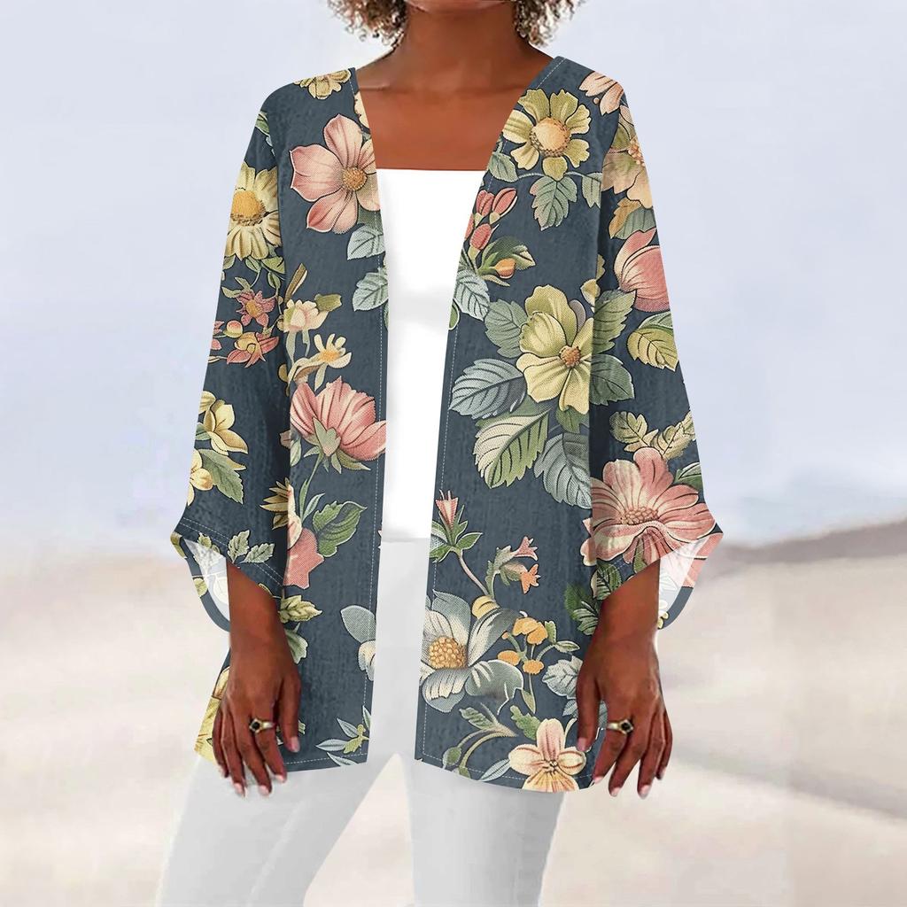 Women's Casual Fashion Caot Retro Printed Lightweight Medium Length Jacket Cardigan