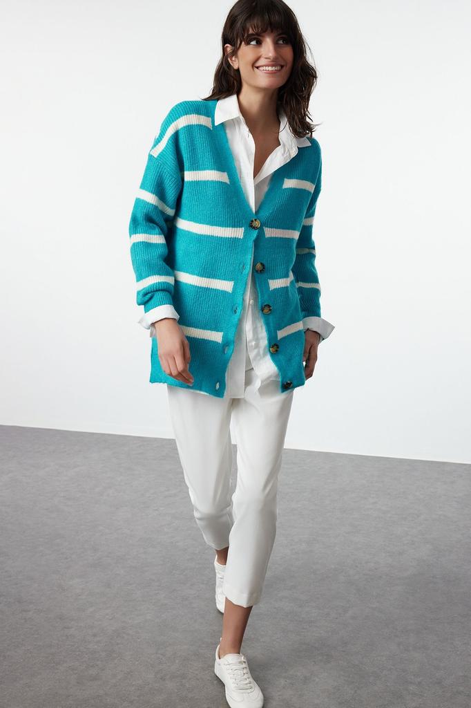 Women's Fashionable Stylish Cardigan Black Wide Fit Soft Textured Striped Knitwear Cardigan