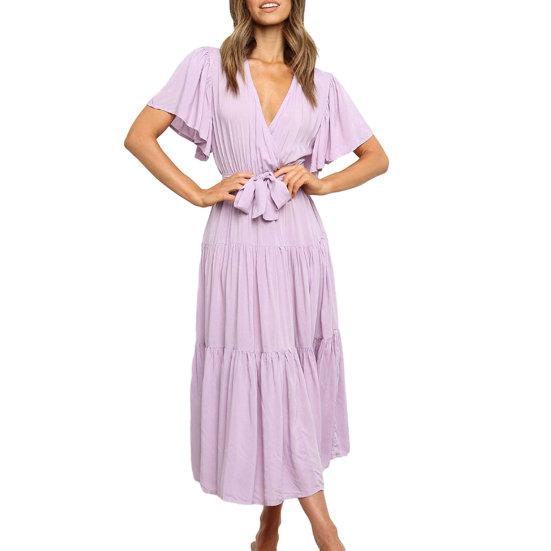 Женское летнее платье миди с v-образным вырезом и короткими рукавами, пояс с высокой талией и рюшами, однотонное платье трапециевидной формы, уличная одежда