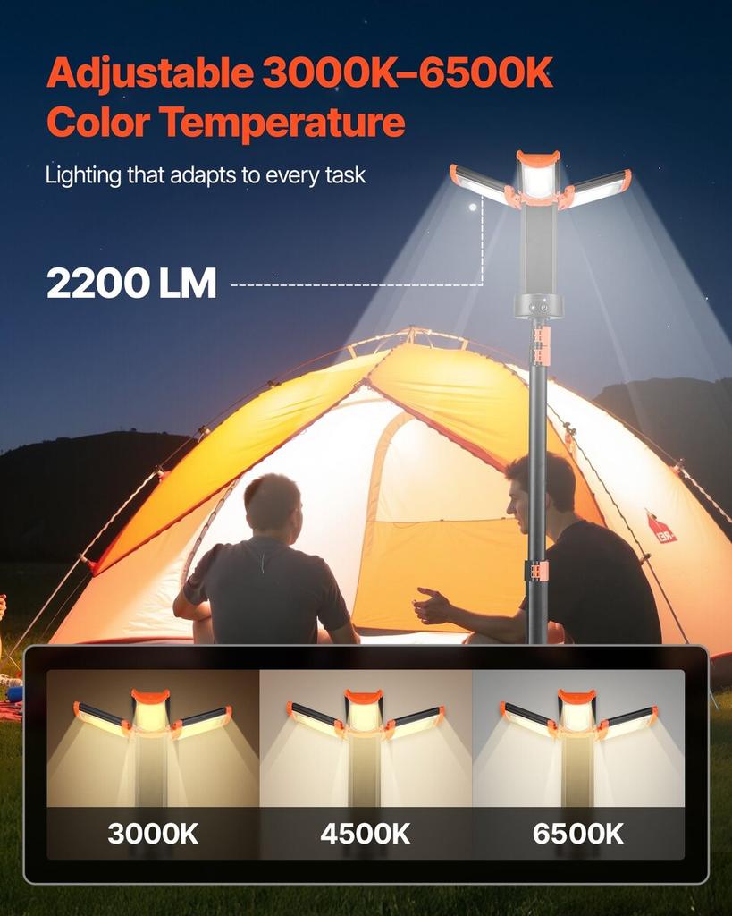 LED Work Light with Stand, 8Ah, Rechargeable Cordless Camping Light, with 3 Lamp Heads, Detachable Tripod Stand, 2200 Lumens 3000K-6500K Dimmable,