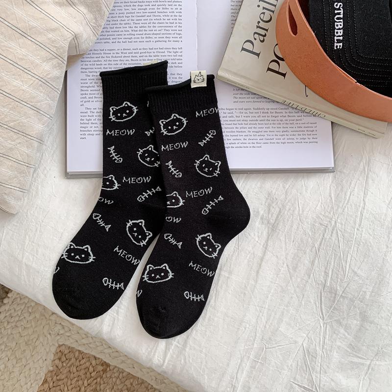 10Pair 25 Autumn Medium Tube Socks Women'S Cloth Label Crimping Heap Socks Children'S Cat Cartoon Cute Women'S Socks