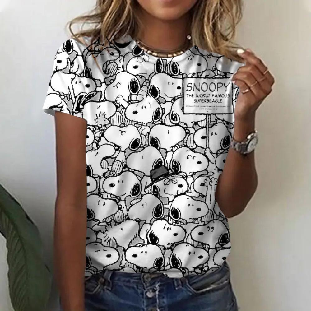 Женская футболка 2026 с рисунком Snoopy, 3D цифровая печать, женская мода, короткий рукав, повседневная, для женщин