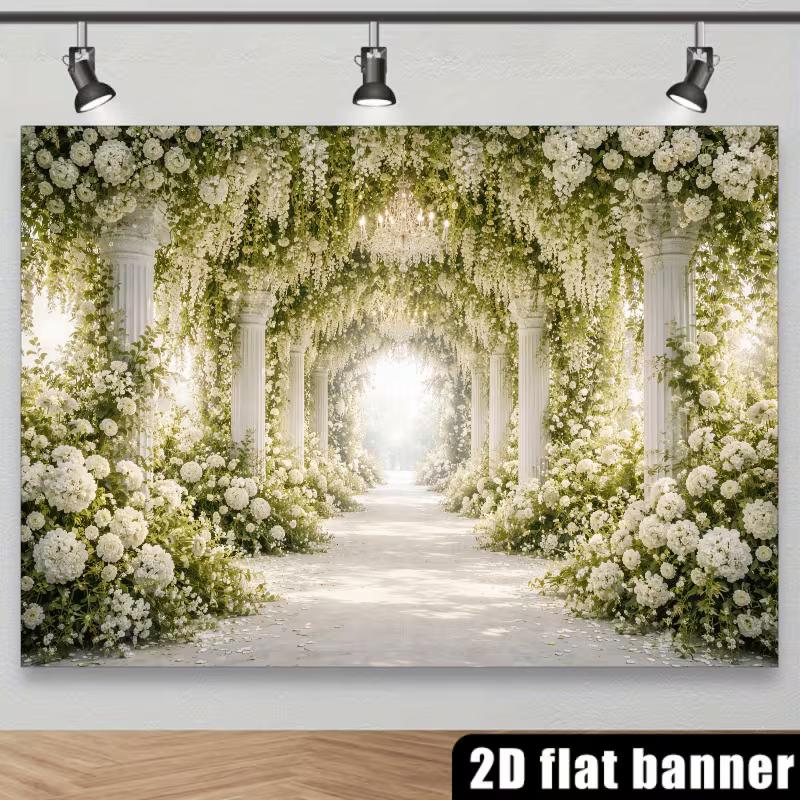 2D White Floral and Column Themed Backdrop Photo Background Banner