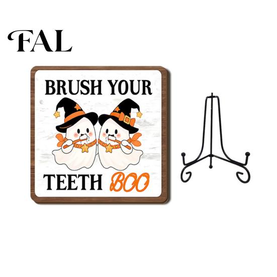 Niche Holiday Gifts Halloween Wooden Table Sign, Cute Spooky Ghost Plaque with Bathroom Countertop Ornament Metal Stand for Kitchen Shelf Home
