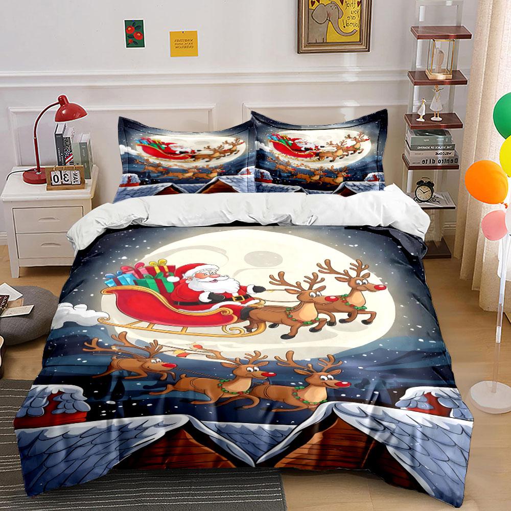 Santa and Reindeer Flying Scene Bedding Duvet Cover Set Duvet Cover Pillowcases (1*Duvet Cover 2*Pillowcases, without duvet insert)