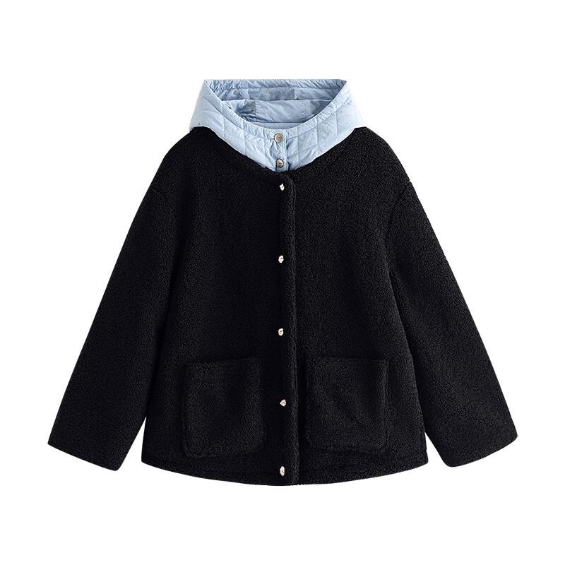 Chuyu Women's Faux Two-Piece Hooded Plush Padded Winter Coat