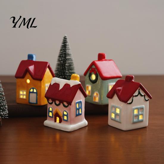 Fairy Tale House Decor Christmas Ceramic Figurine, Glowing Window & Chimneys Holiday Decor, Collectible Cabins Miniature Tabletop Ornament for