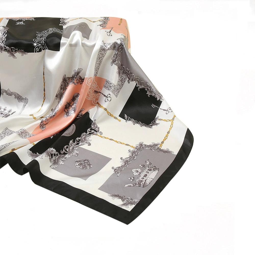 Women Imitation Silk Scarf Luxury Printed Hijab Silk Satin Shawl Foulard Square Head Scarves Wraps For Ladies 90x90CM