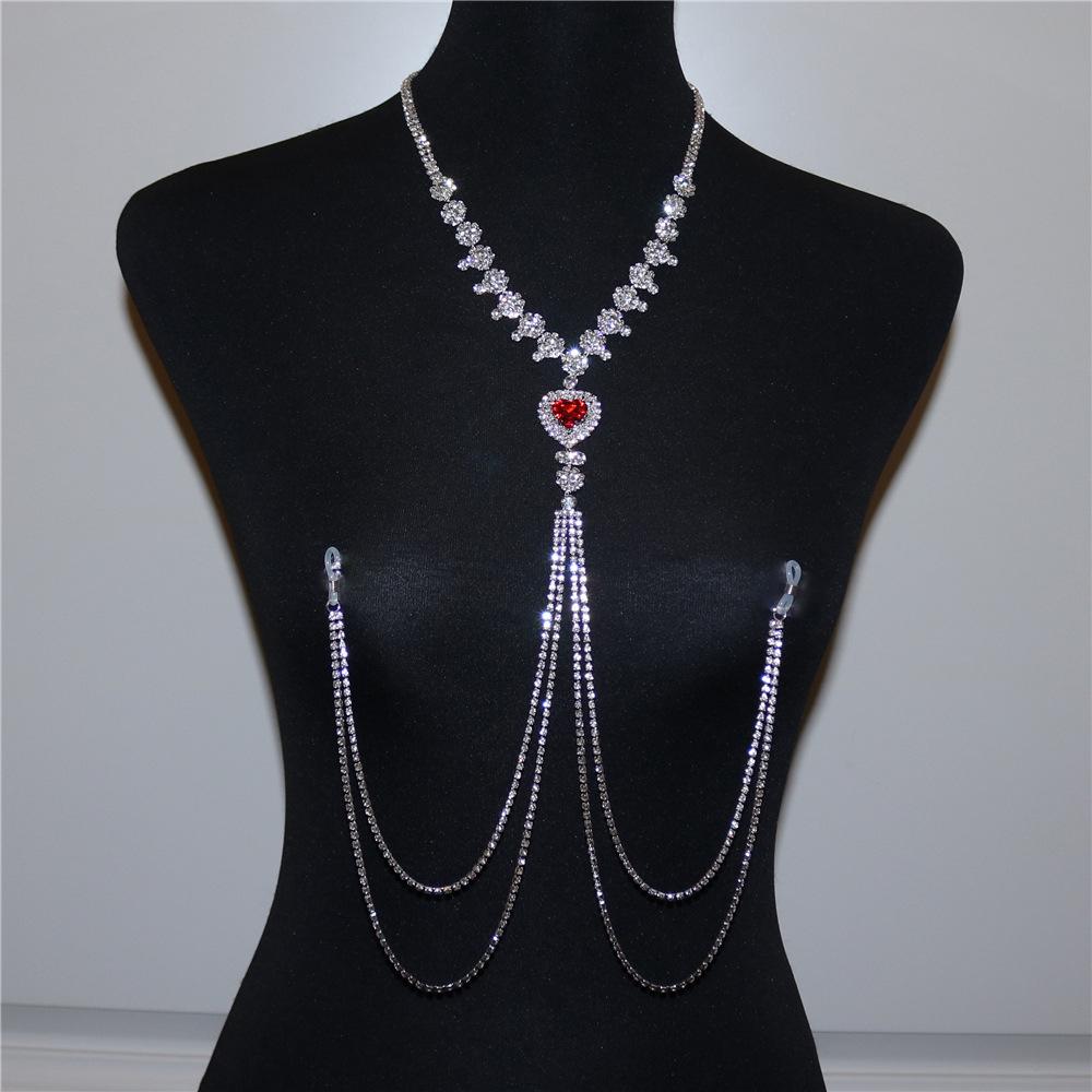 Super Sparkling Sexy Tassel Rhinestone Red Heart Shaped Nipple Chain Exaggerated Women's Crystal Fun Bikini Jewelry