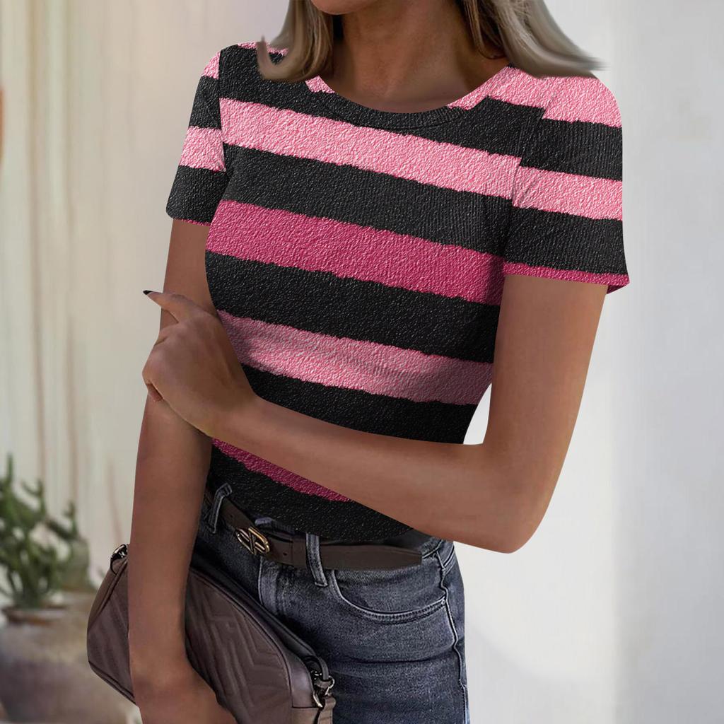 Women's Casual Fashion Round Neck Striped Print Short Sleeve Ribbed Top