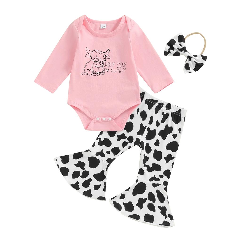 Осенний наряд для девочек, комбинезон с длинными рукавами и принтом коровы, расклешенные брюки и повязка на голову с бантом