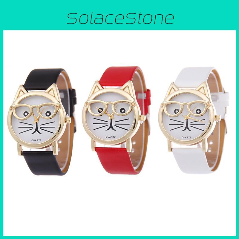 Очаровательные женские кварцевые часы с кошачьей мордочкой и кожаным ремешком, мультяшный дизайн