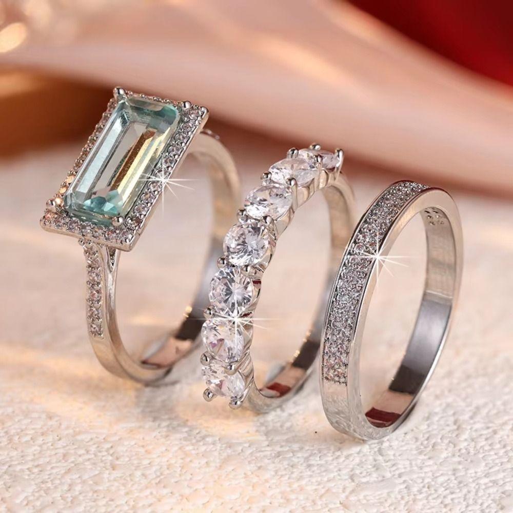 European Style Stackable Ring Set Large Rectangular Stone Jewelry Gift Wedding Occasion