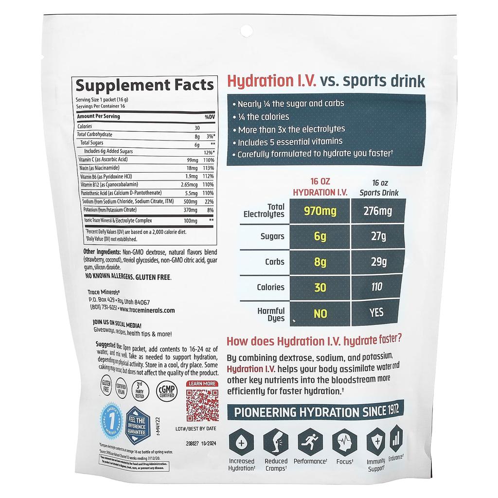 Tm Sport, Hydration Iv, Electrolyte Drink Pack, Strawberry Coconut, 16 Packs, 16G (0.56Oz) Each