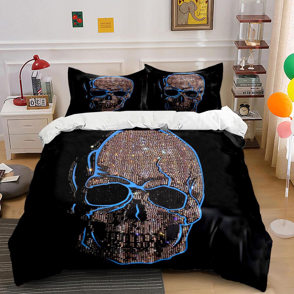 Edgy Gothic Bedding Set,Striking Illustration of Sparkling Rhinestone Skull with Blue Outline Print Duvet Cover,Bedroom Decor