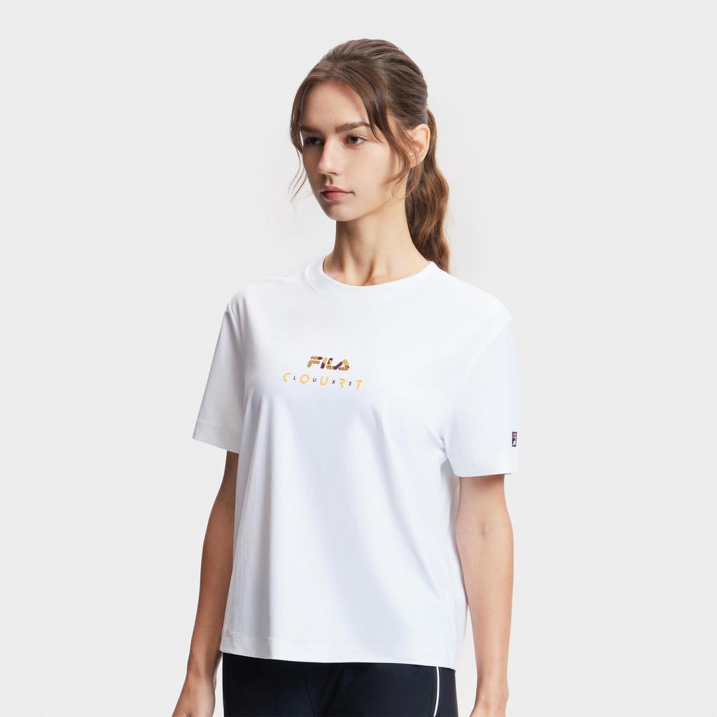 Fila Логотип Летние виды спорта Ледяной шелк Защита от солнца Быстросохнущая Уличная Облегающая футболка с круглым вырезом и коротким рукавом Женские футболки Ярко-белый A11W423124FWT