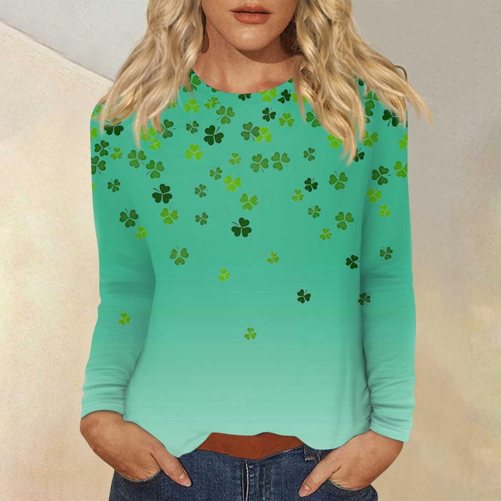 Женская повседневная повседневная рубашка с длинным рукавом. Топ с круглым вырезом и принтом ко Дню Святого Патрика