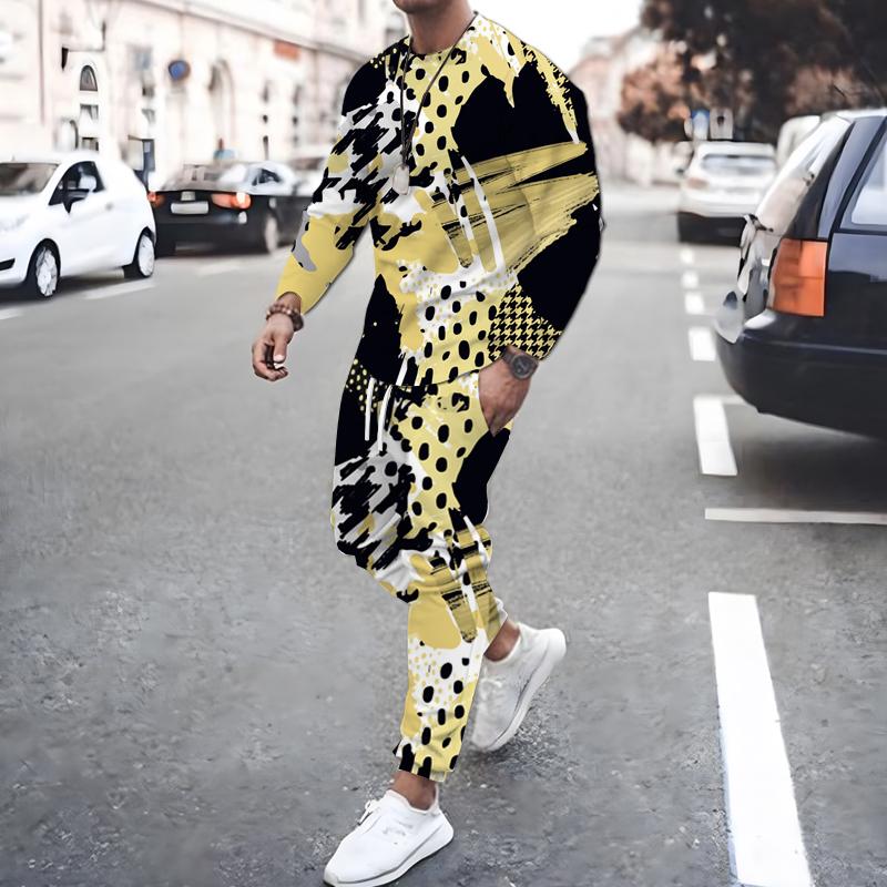 Spring Fall 3D Printed Square Graffiti Pattern Men's Long Sleeve Suit Fashion Casual Street O Collar Sweatshirt And Pants Suit