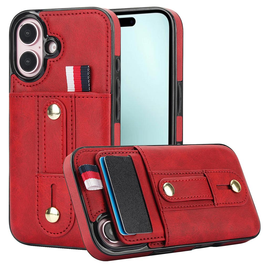 For iPhone 16 Case PU Leather+TPU Hidden Card Holder Drop-proof Phone Cover with Kickstand