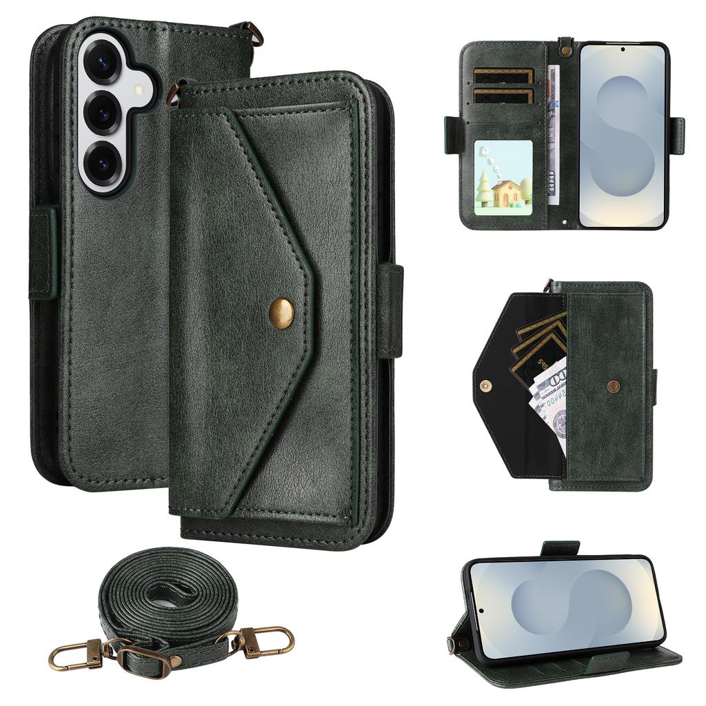 For Samsung Galaxy S25+ Leather Case Magnetic Closure Wallet Stand Phone Cover with Crossbody Strap