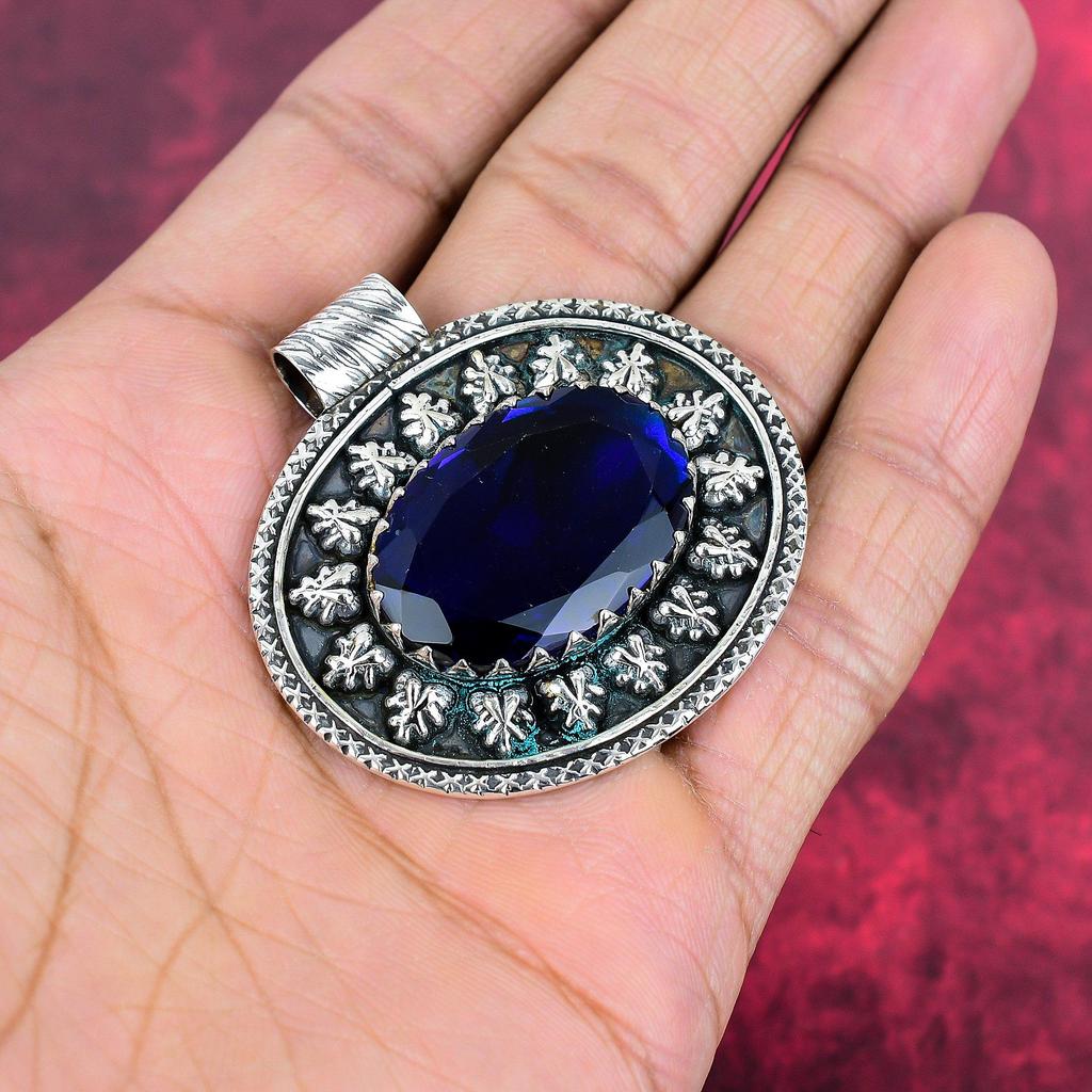 Подвеска с синим сапфиром, подвеска из драгоценного камня ручной работы, подвеска из стерлингового серебра 925 пробы, антикварные ювелирные изделия, для подарка на помолвку
