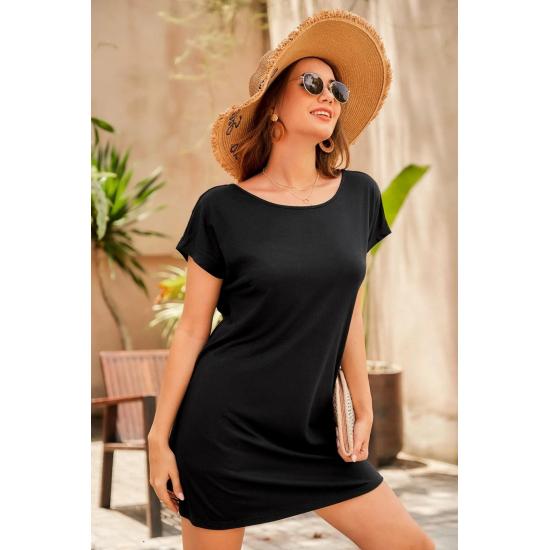 Сарафаны Женское черное платье оверсайз с круглым вырезом и принтом бабочки на спине