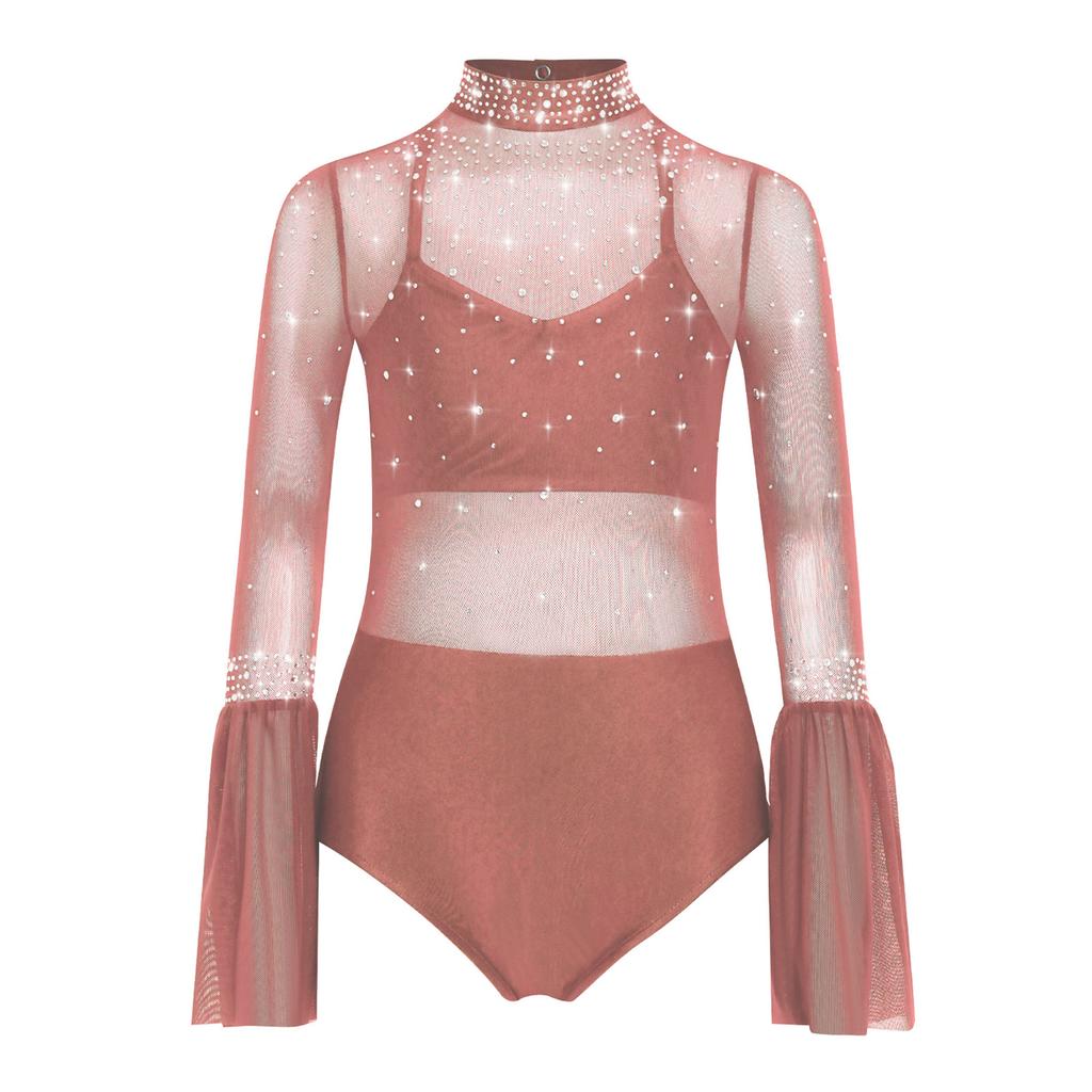 Children's Girls Gymnastics Jumpsuit Kids Figure Skating Bodysuit Costume Sheer Mesh Long Sleeve Cutout Ballet Gymnastic Leotard