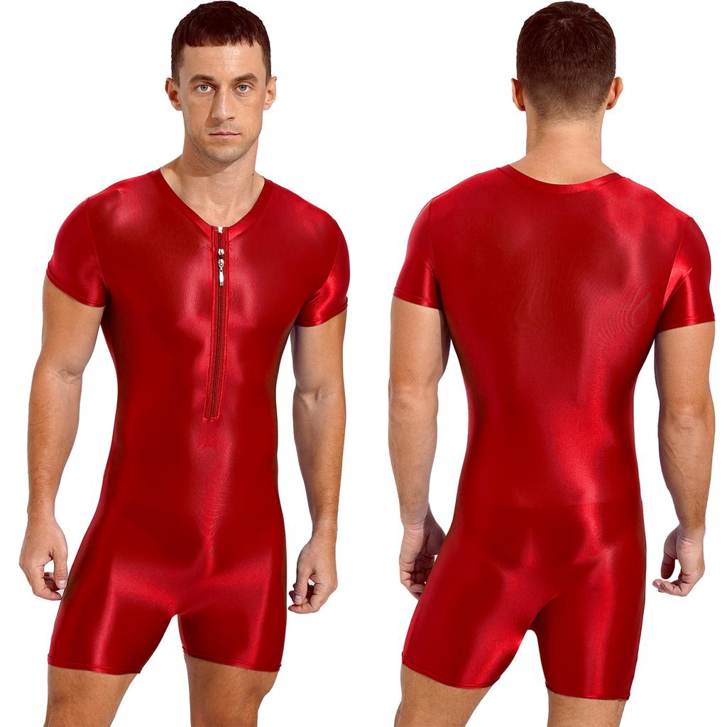 Mens Short Sleeve Zipper Jumpsuit One-Piece Round Neck Bodysuit Swimwear for Swimming Bodybuilding Workout