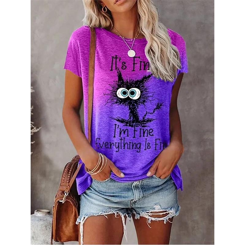 Women's 3D Animal Letter Print Casual Loose Round Neck T Shirts