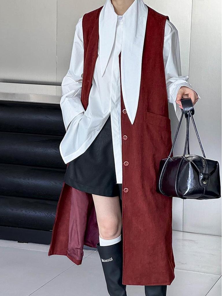 Autumn 2024 Orange Zhi Korean Style Red Single-Breasted Mid-Length Vest with Large Pockets