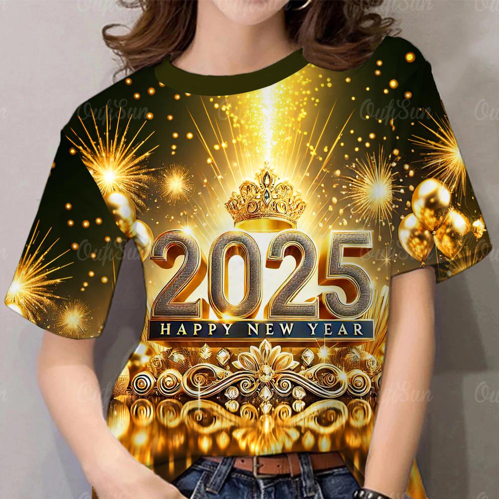 2025 Новый год 3D Печатные женские футболки Милая футболка с рисунком для женщин Летняя мода Уличная футболка Топы с круглым вырезом Короткие рукава