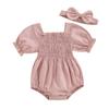 Infant Baby Girl Summer Jumpsuit Solid Color Short Sleeve Square Neck Shirred Romper with Bow Headband
