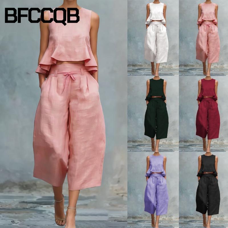 BFCCQB Women's Fashion Casual Summer Spring O-Neck Sleeveless Pants Suits