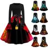 Women Halloween Print Flare Dress Long Sleeve O-Neck Dress Party Casual Dresses