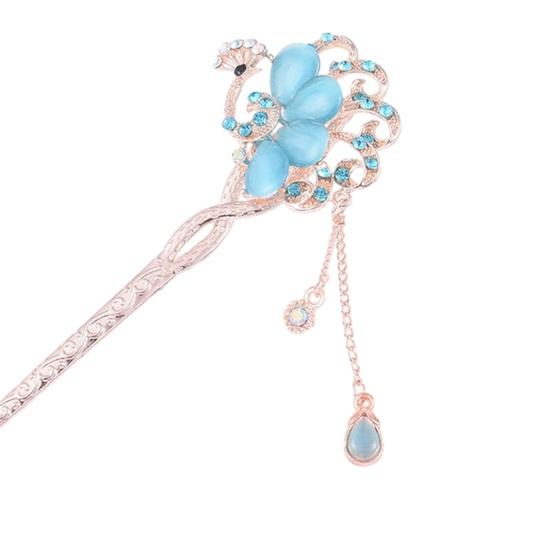 Women Hair Stick Chinese Style Vintage Colorful Rhinestone Flower Decor Tassel Hollow Out Exquisite Stainless Alloy Lightweight Hair Fork Hanfu