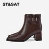 St&Sat/Saturday Belt Buckle Thick Heel Short Boots - Autumn/Winter Fashion