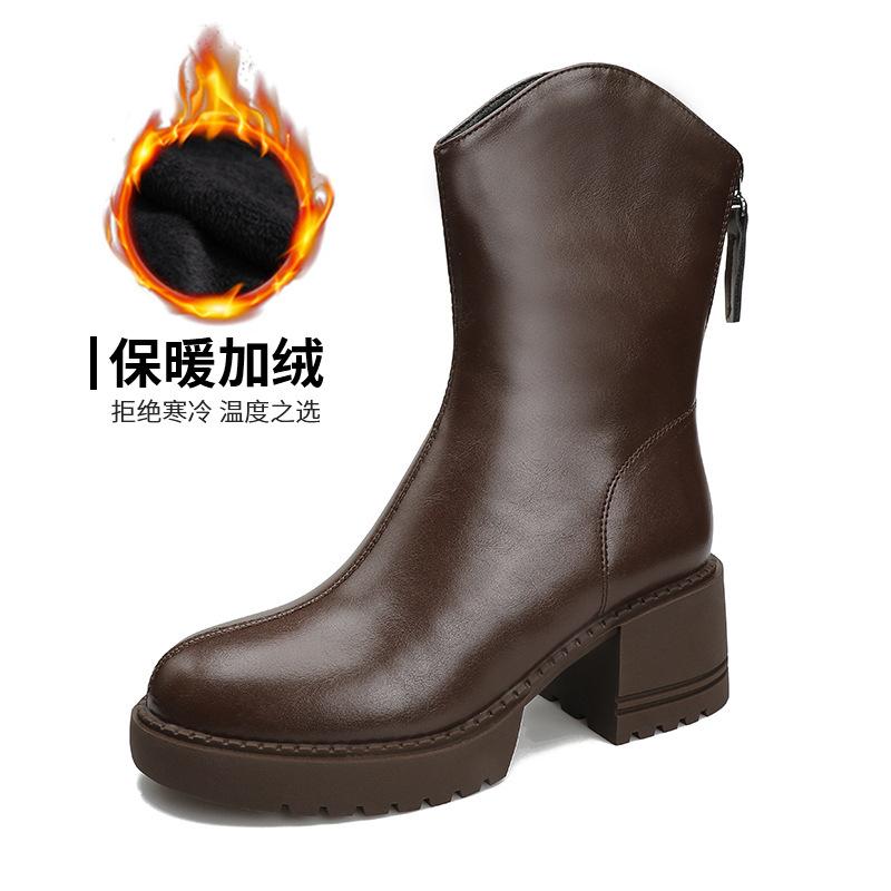 Женские ботильоны 2024 новые ранней осенью из мягкой кожи ботинки Мартин задняя молния на толстой подошве полусапоги британские кожаные ботинки