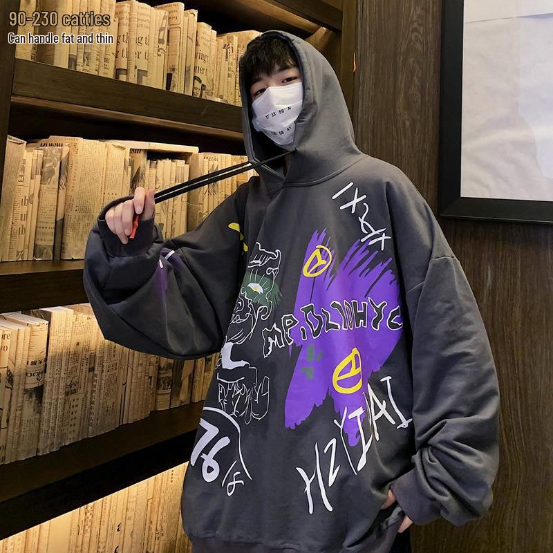Осень 2024 г. Мужской повседневный свитер с капюшоном в стиле Гонконга с принтом в стиле хип-хоп больших размеров