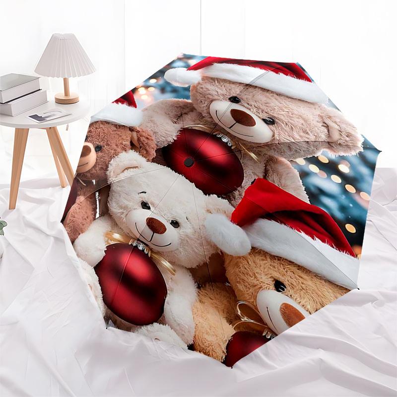 1pc Christmas Teddy Bears with Santa Hats, Festive Gift for Fans, Travelers, Everyday Use, Auto Open Close Umbrella with Foldable Design and 8-Iron Fr