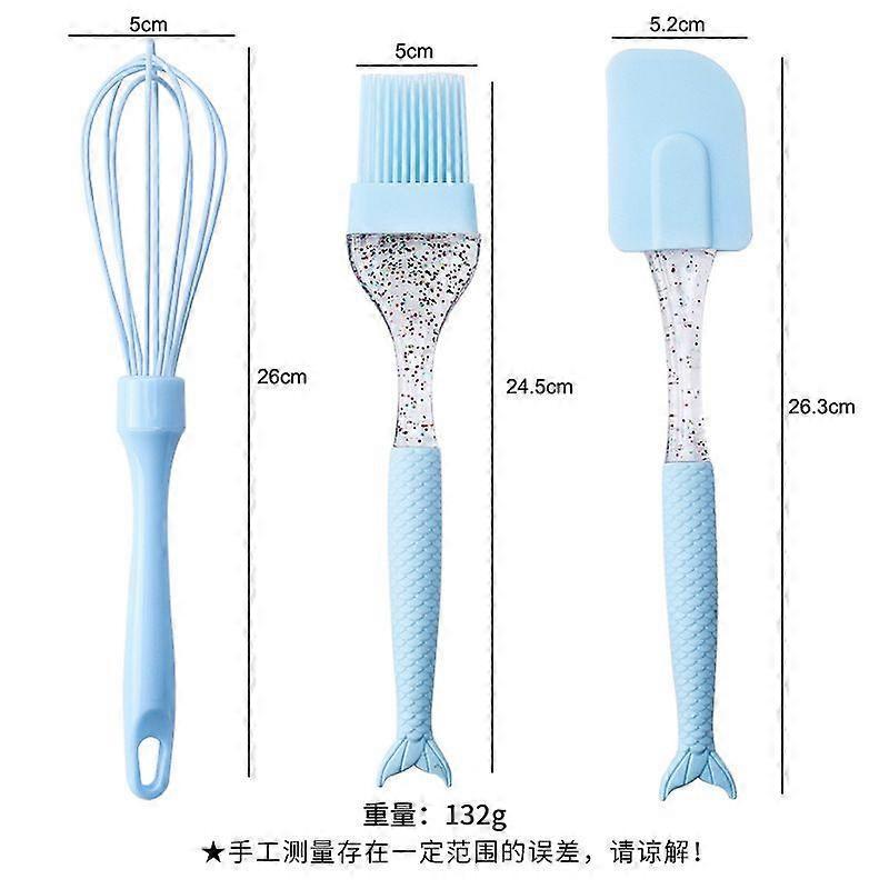New Color Silicone Egg Beater Kitchen 3-piece Set Mixing Stick Silicone Scraper Brush Mermaid Tail Cream Board Blue Set