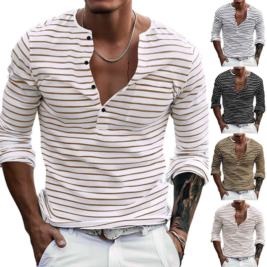 Men's Versatile Base Long Sleeved Shirt Casual Horizontal Striped T-shirt