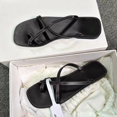 Версия из овчины квадратный носок плоская подошва шлепанцы-щипки летняя обувь крест с пляжными сандалиями для морского побережья шлепанцы с перемычкой для пальца