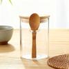 Glass Sealed Jar Transparent Glass Canister with Spoon Wooden Lid Food Storage Jar for Coffee Beans Spice Kitchen Supplies