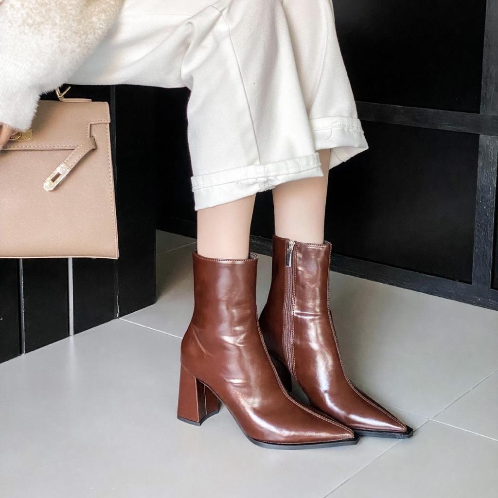 2025 осень новые остроносые толстый каблук высокий каблук темперамент французская мода сексуальные красивые женщины короткие сапоги