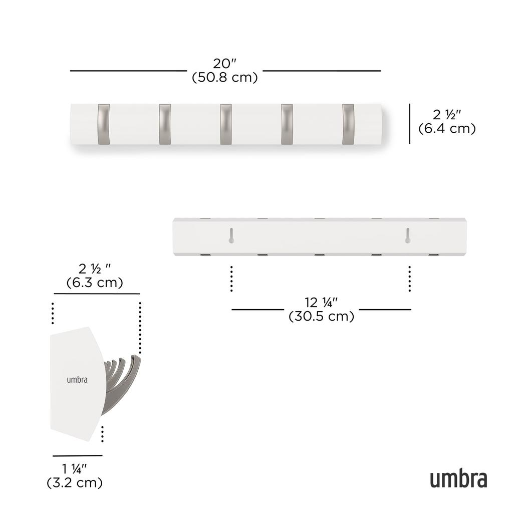Umbra Flip Shine Wall Storage Hooks, White, 5-Hook Hooks,