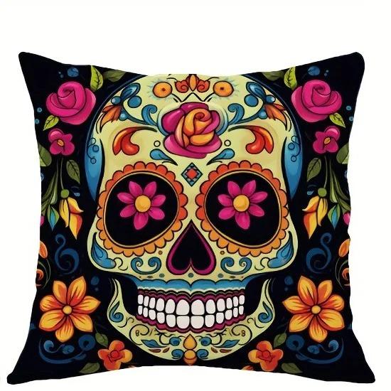 Spooky Halloween Pillow Covers 45x45cm - Colorful Sugar Skull Printed Cushion Cases, Pillow Cover for Sofa Living Room