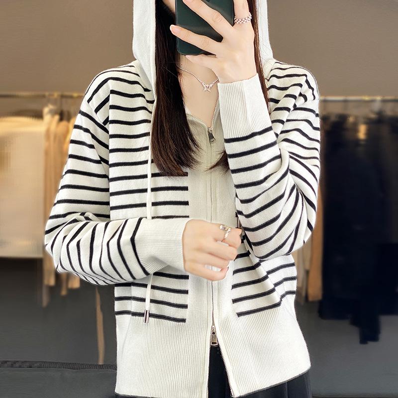 Autumn-Winter Women's Striped Hooded Knit Sweater Cardigan