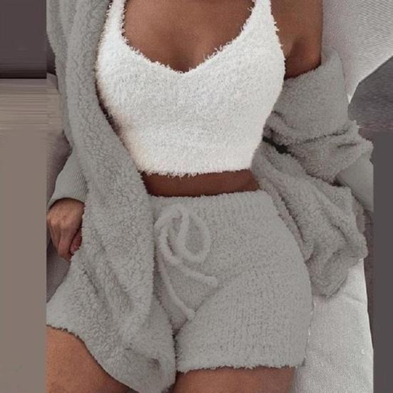 Winter Women Plush Sexy V-Neck Vest Shorts Long Sleeve Jacket Coat Set