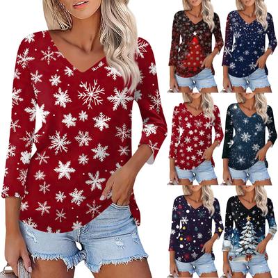 Рубашка для женщин, модная, повседневная, с V-образным вырезом, рукавом 3/4, свободная, с рождественским принтом, женская футболка, топ