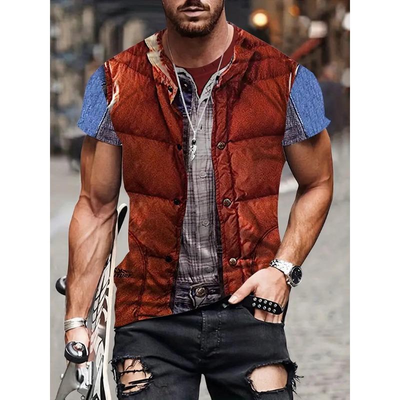 Поддельный жилет, куртка, узор, принт, футболки для мужчин, 3D, новинка, летний хип-хоп тренд, топ, мода, свободные, крутая уличная мужская одежда